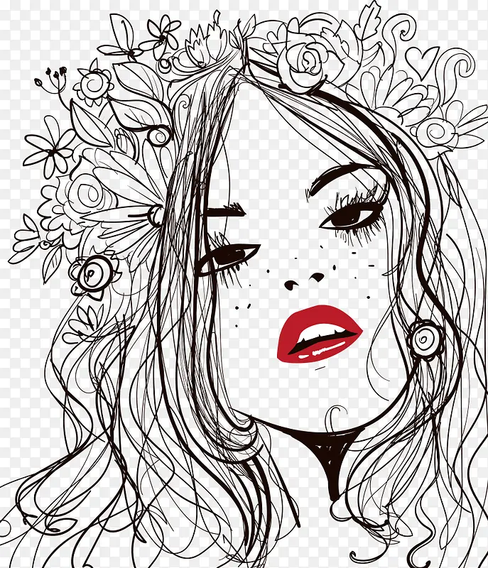 矢量红唇美女与花卉插画