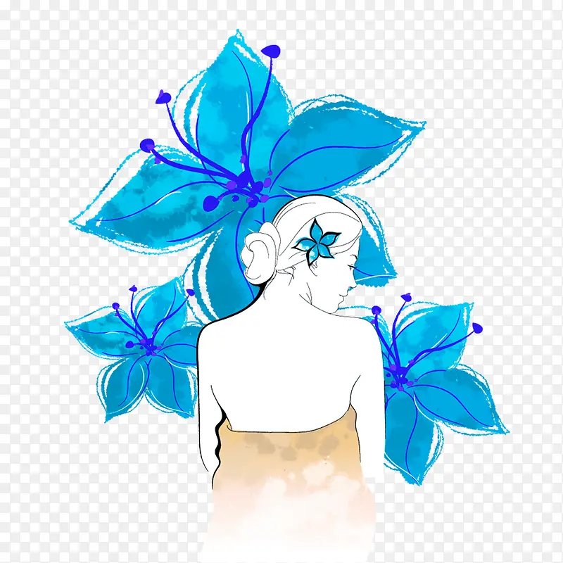 蓝色手绘花与美女