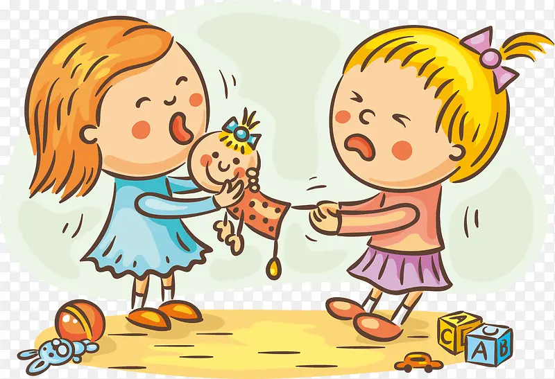 矢量图争夺玩具的两个小女孩