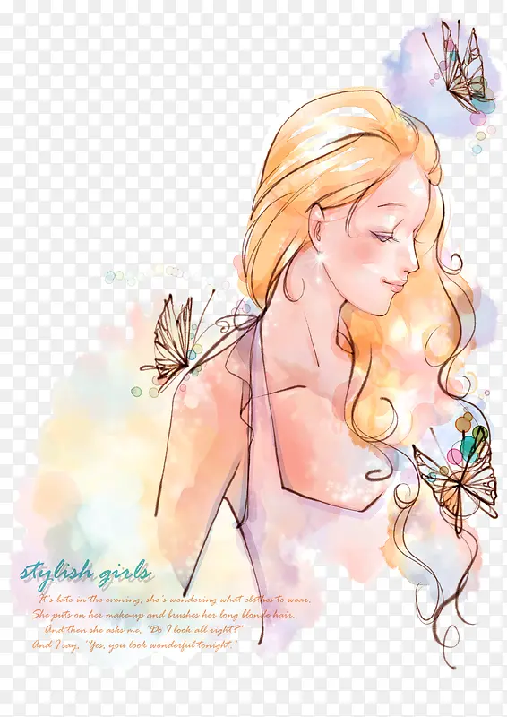 手绘水彩少女与花