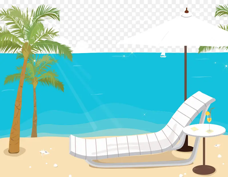 卡通手绘海边躺椅太阳伞海水椰树
