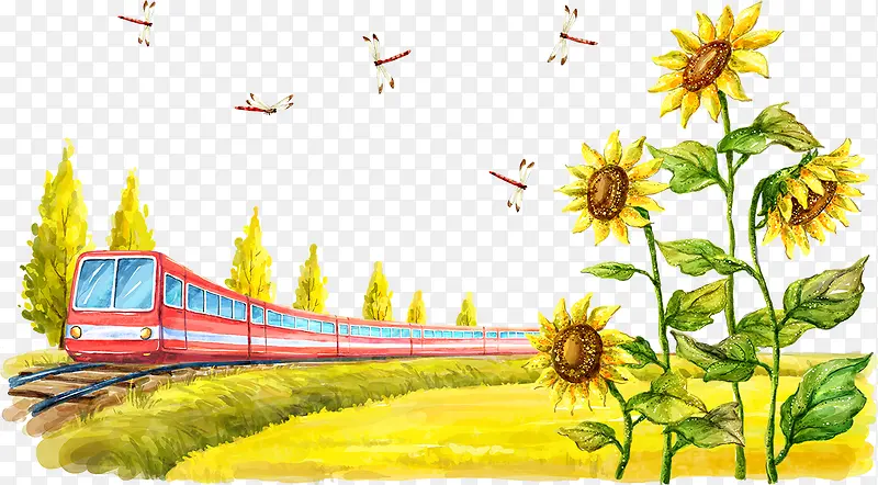 创意合成效果向日葵火车手绘
