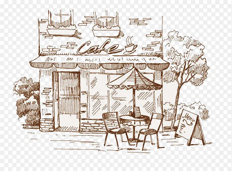 欧式手绘商业街咖啡厅素描图