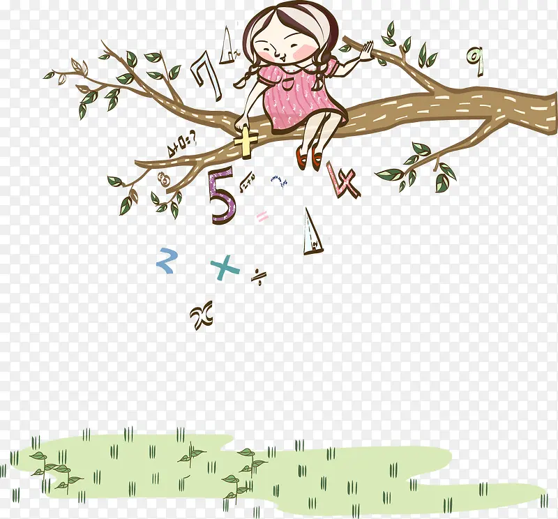 卡通插图坐在树上的小女孩
