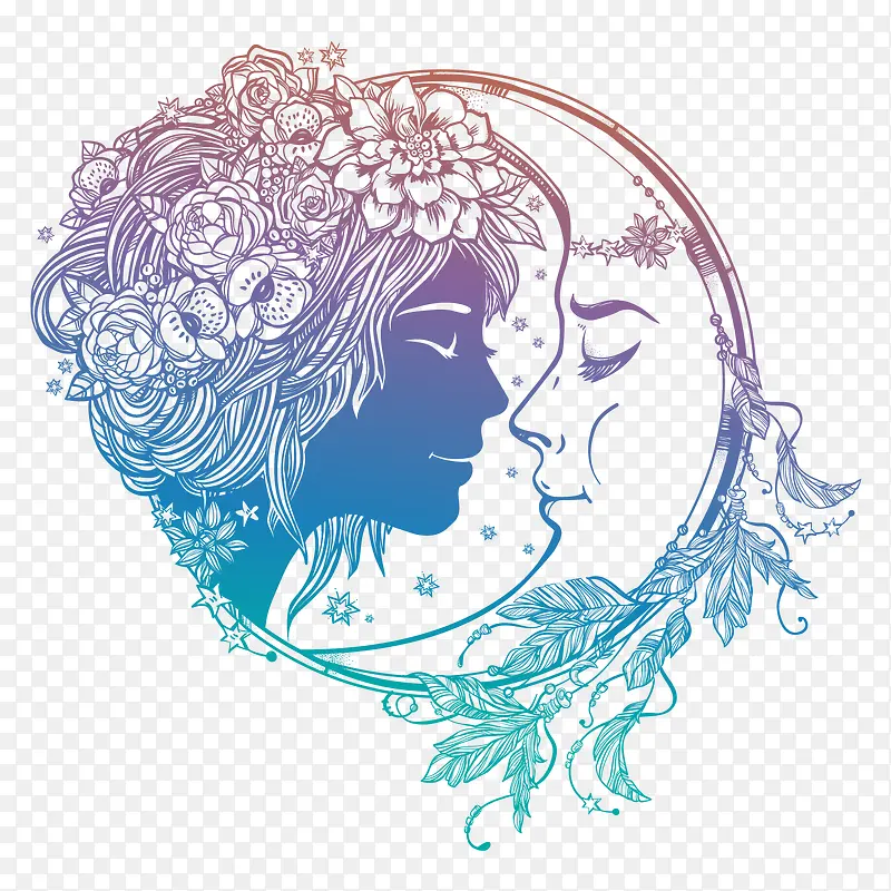 美丽女子和月亮头像矢量图