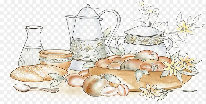 水果和茶具手绘