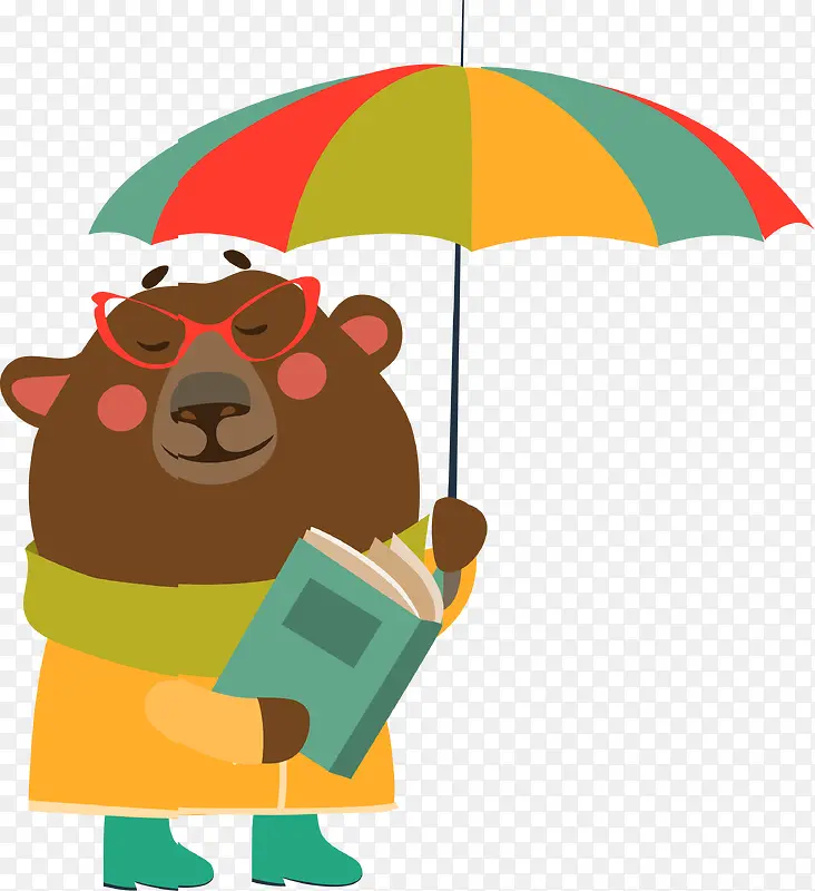 卡通打伞看书的小熊