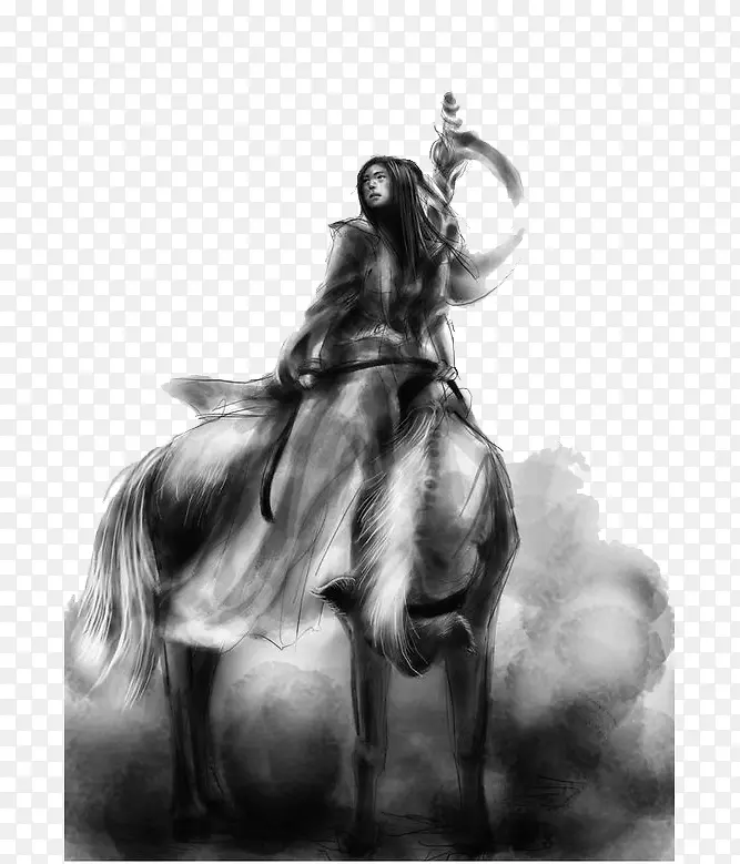 中国风水墨画骑马的剑客