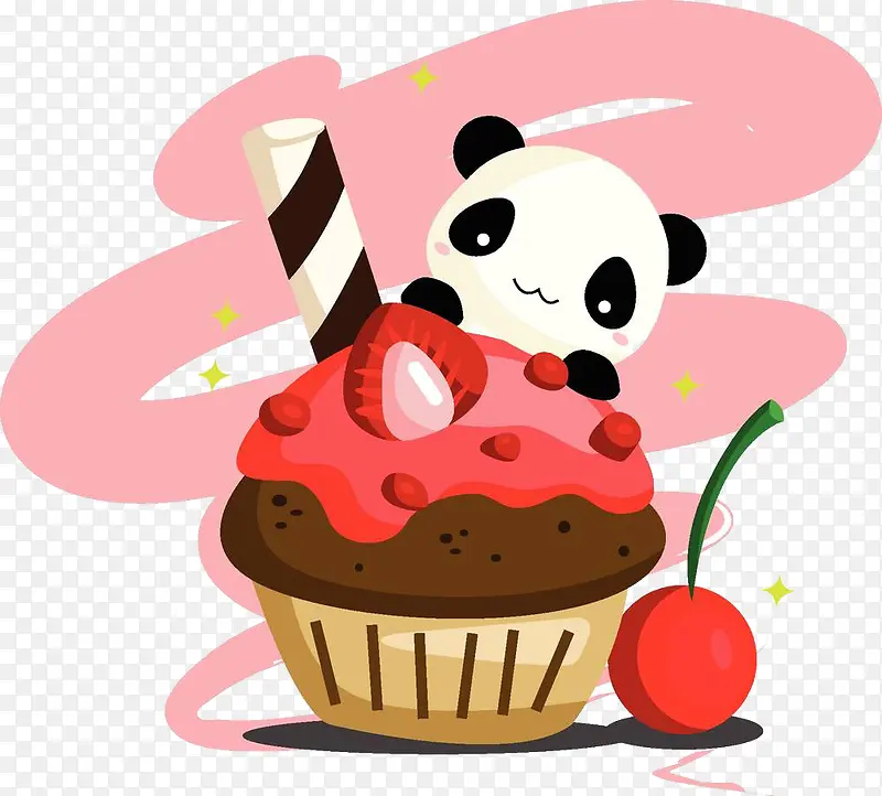 熊猫前的草莓蛋糕