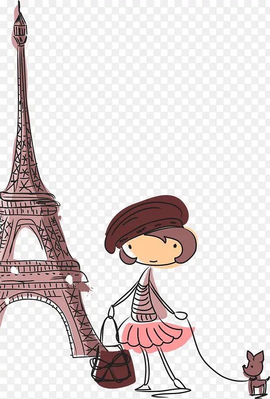 卡通人物巴黎铁塔