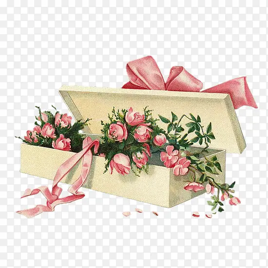 手绘 花朵 礼物盒 带子png素材