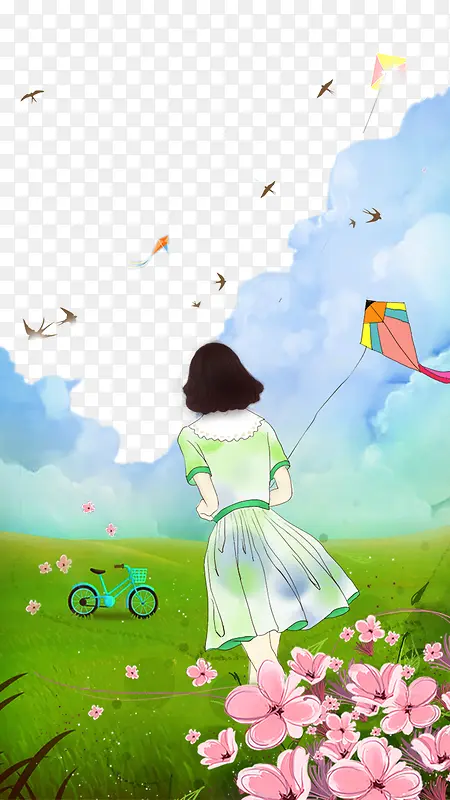 免抠卡通手绘花田里放风筝的女孩