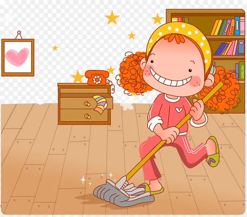可爱卡通插图擦地板的小女孩