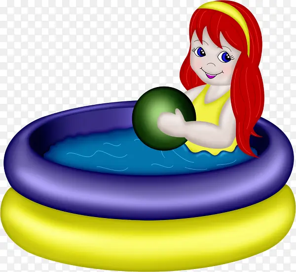 卡通充气游泳池中的玩球小女孩