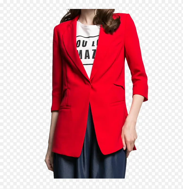 鲜红色中款女西装七分袖素材