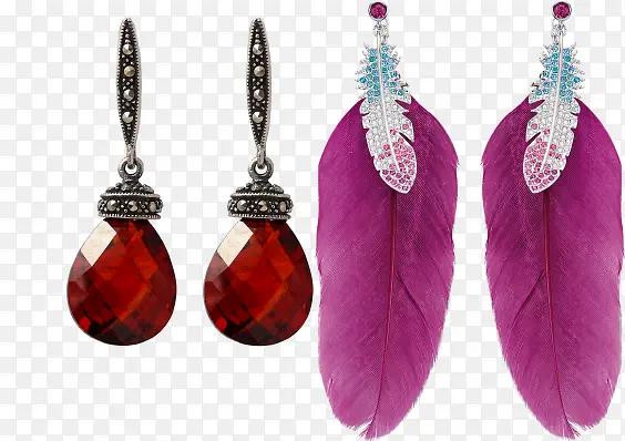 红宝石耳环和紫色羽毛耳环