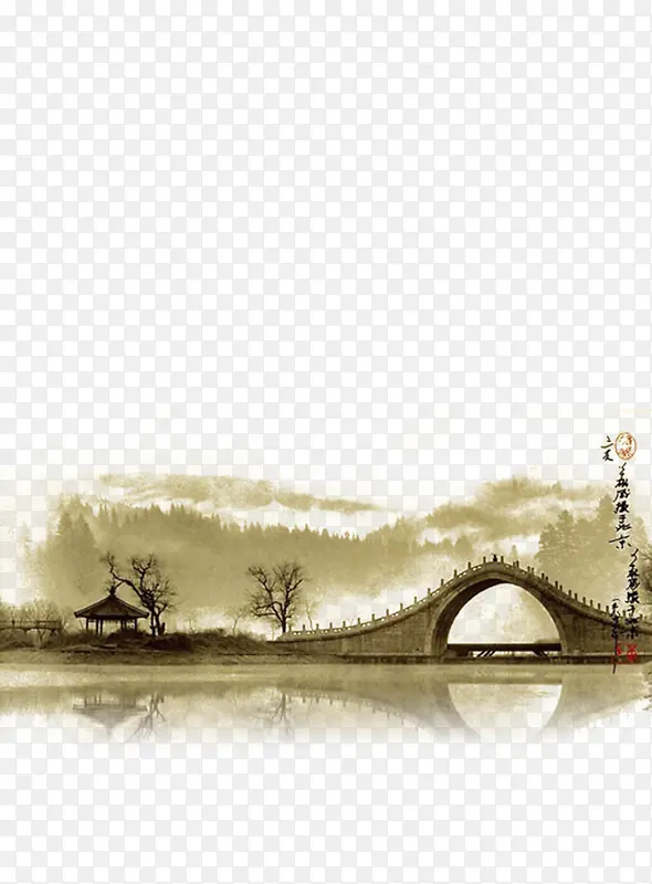 中国风水墨风断桥风景素材背景