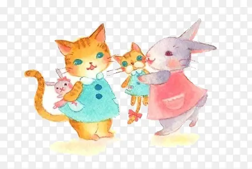 手绘水彩绘画动物猫咪兔子