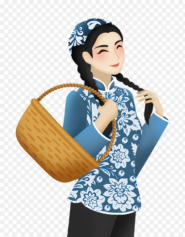 卡通手绘中国风古风背着竹篮的女