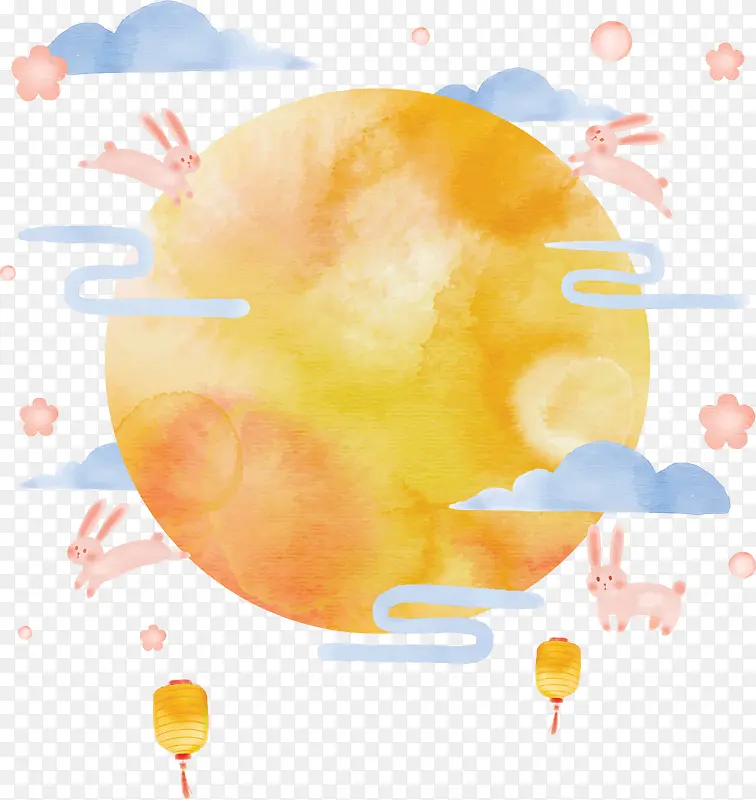 手绘水彩月亮和兔子们