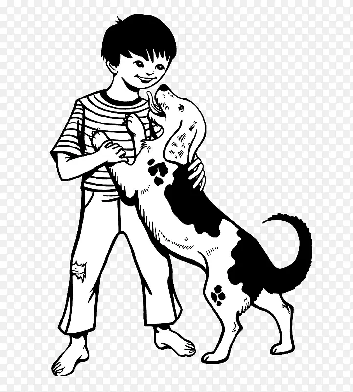 黑白人物插图小狗扑在小孩身上