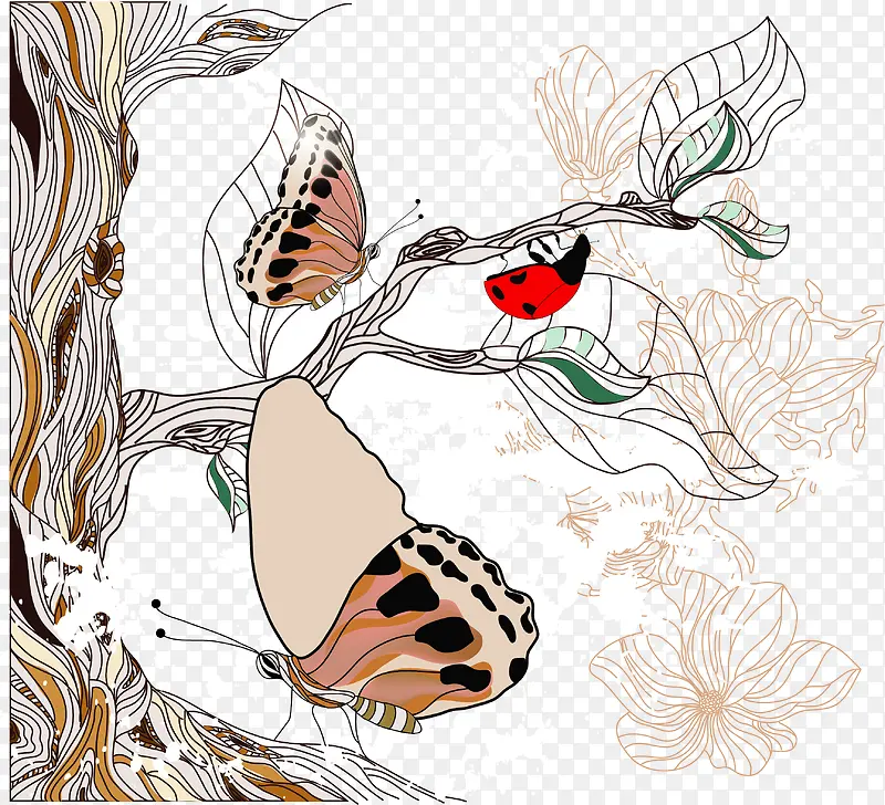 卡通手绘蝴蝶瓢虫树木铅笔画