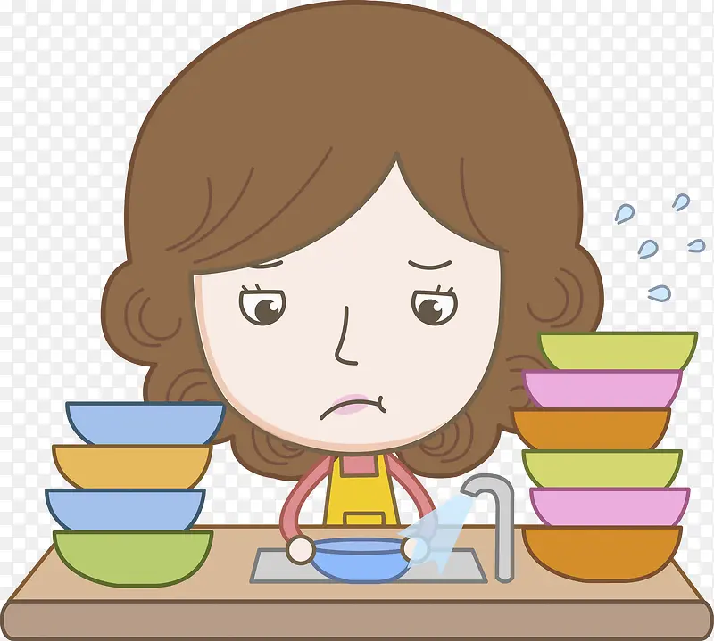 卡通洗碗的家庭主妇