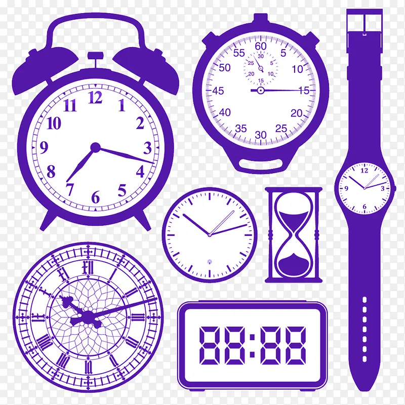 卡通紫色各式闹钟手表图