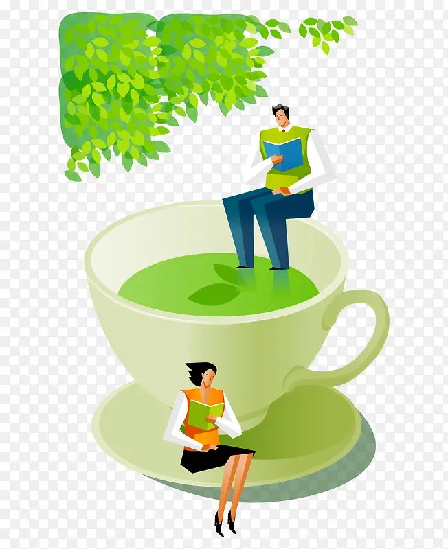 翠绿树叶矢量读书男女人物茶杯