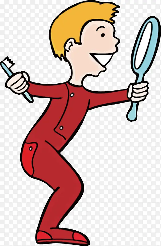 卡通照镜子刷牙的男孩子PNG