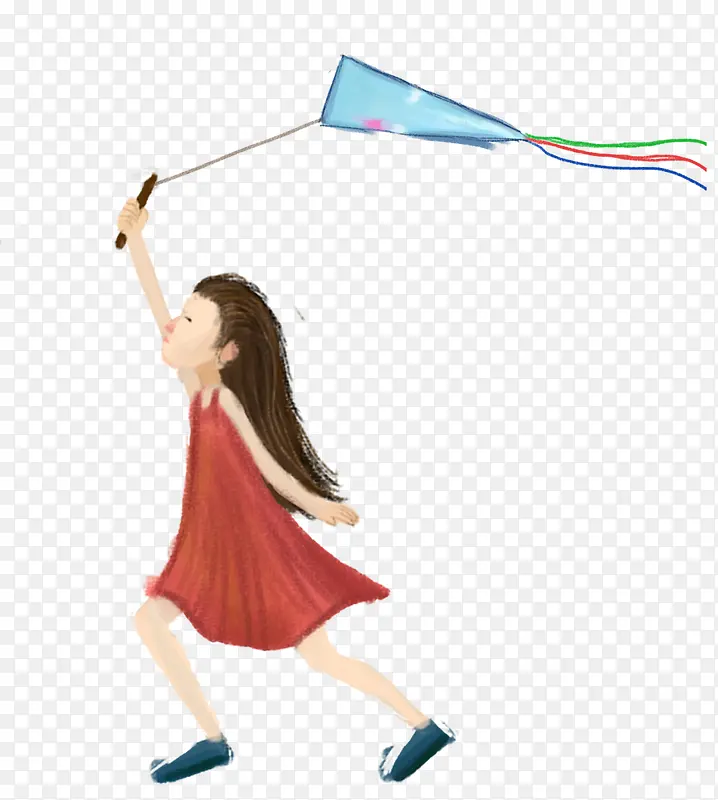卡通手绘奔跑放风筝的女孩