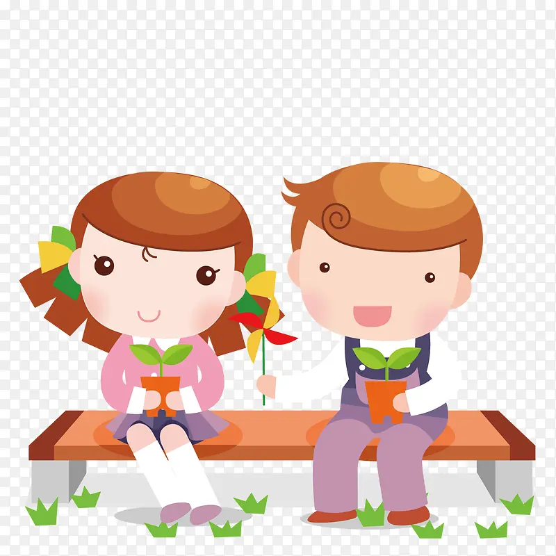 坐在凳子上拿盆栽的情侣