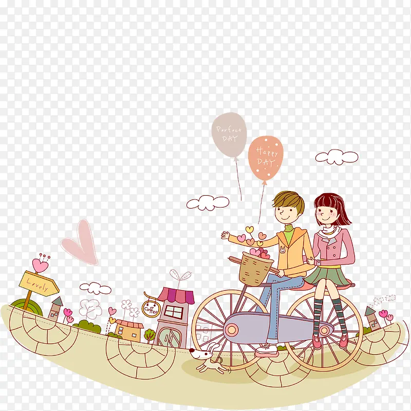 彩绘骑单车的情侣插画矢量素材
