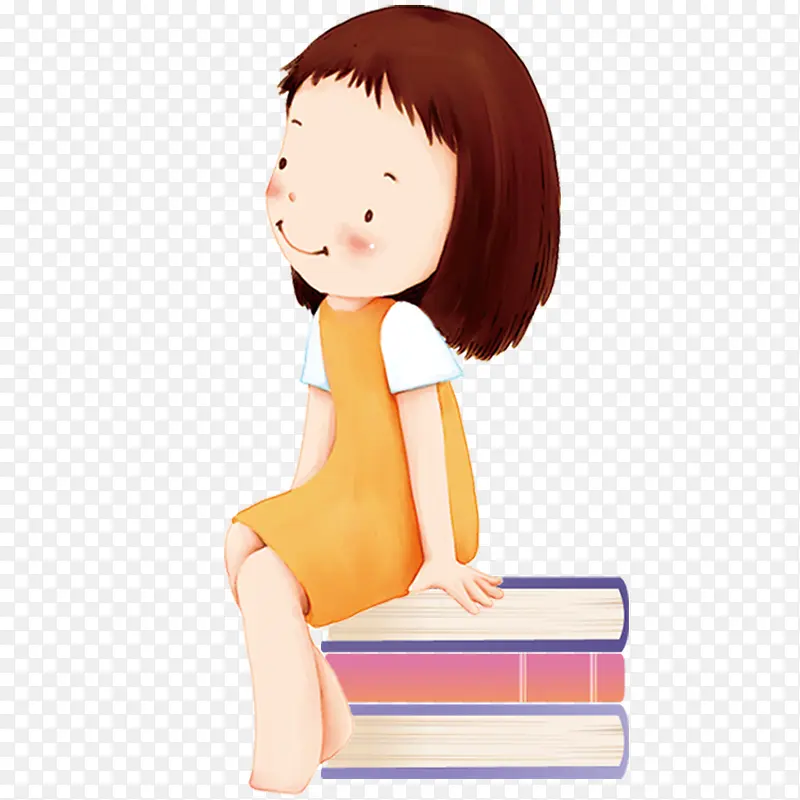 卡通坐在书本上的小女孩