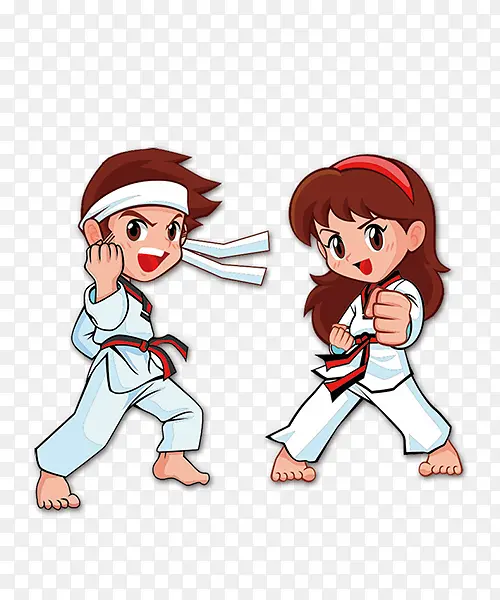 卡通手绘练跆拳道的男孩女孩