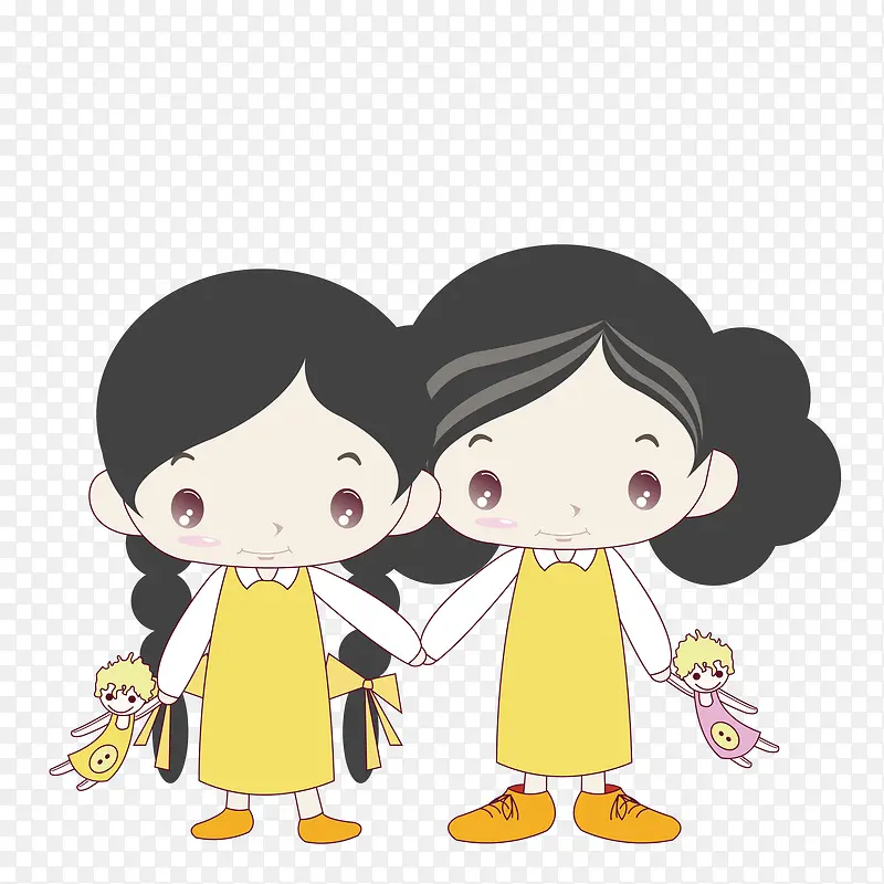 手绘卡通穿黄色裙子的两个女孩