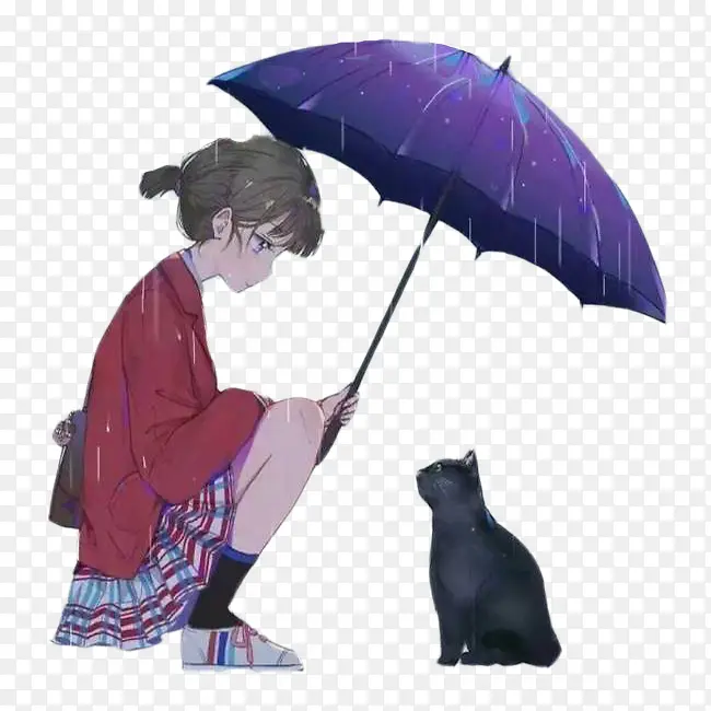 女孩为流浪猫打伞