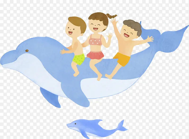 孩子骑在海豚上