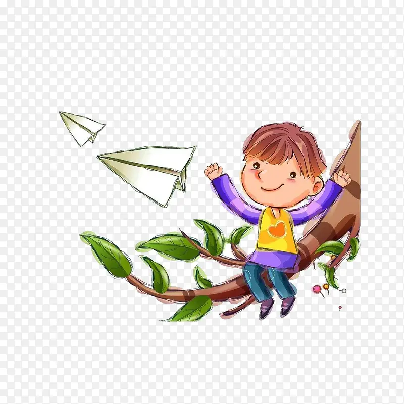 坐在树干上放纸飞机的男孩