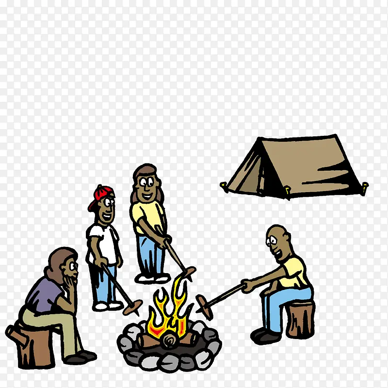 围在一起烤火搭帐篷的一家人