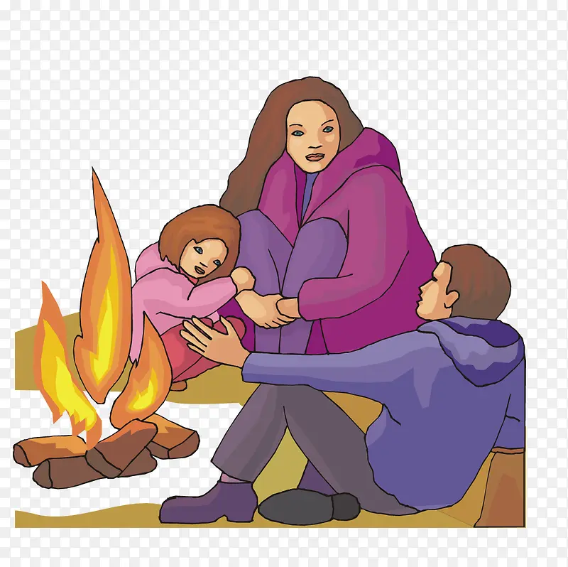 围在一起烤火的父母和孩子