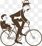 高清摄影手绘卡通两父子骑单车场景