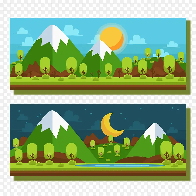 矢量白天夜晚树林山丘风景卡片PNG图片素材下载_图片编号ybjwgrxy-免抠素材网
