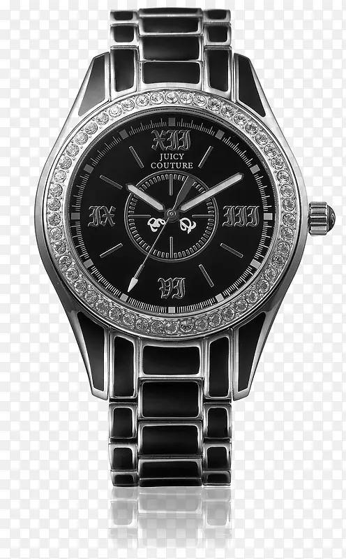 黑色ip电镀表链水晶黑色表盘手表