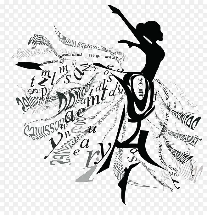 跳舞的女人文字剪影创意简易插图