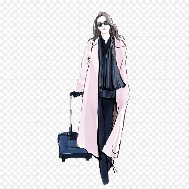时尚插画女人拖着行李箱