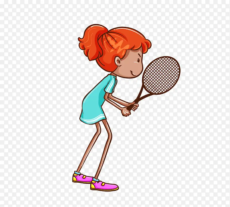 手绘卡通女孩打网球
