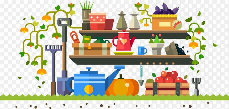 花园风景和花园工具矢量素材