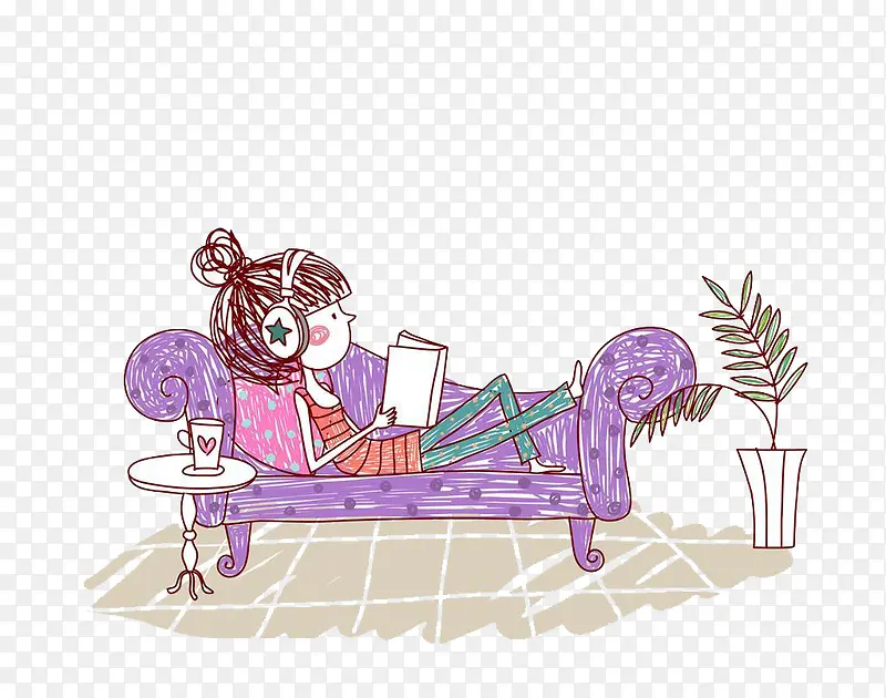 卡通躺在沙发上听歌看书的女孩