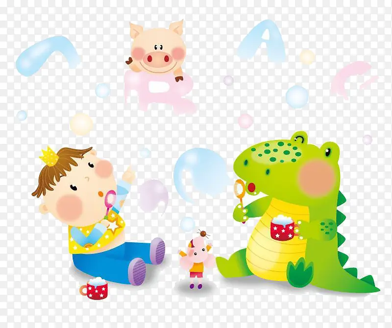 小婴儿与卡通小动物